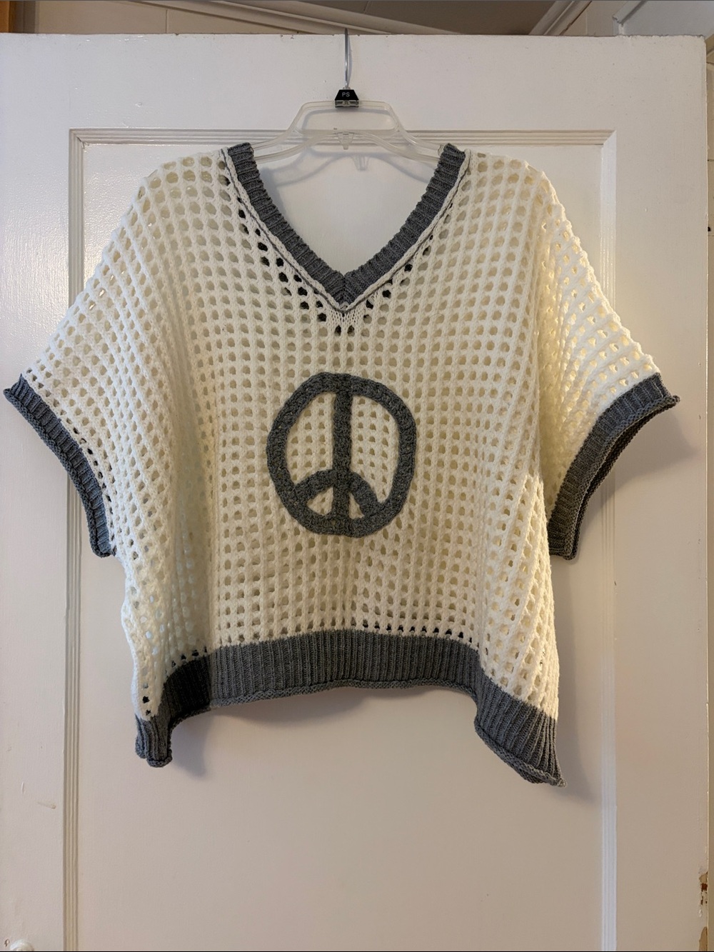 White and Gray Open-Knit Top with Peace Symbol
